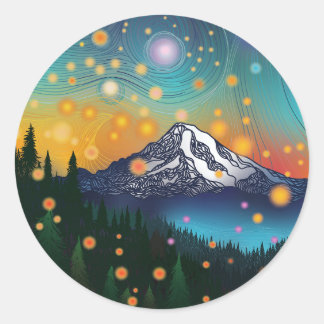 Pegatina Redonda Monte Rainier w Evening Starry Sky y luciérnagas