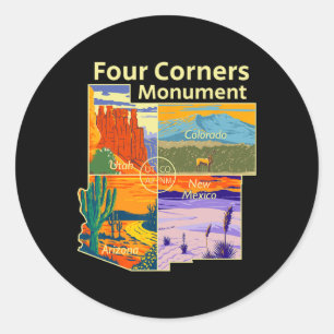 Pegatina Redonda Monumento Vintage Four Corners Con Parques Naciona