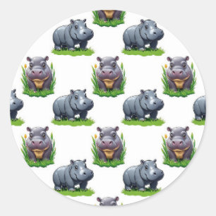 Pegatina Redonda Moo Deng Hippopótamo Diseño de Patrón Animal