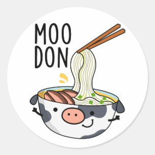 Pegatina Redonda Moo-don divertido udon juego de palabras