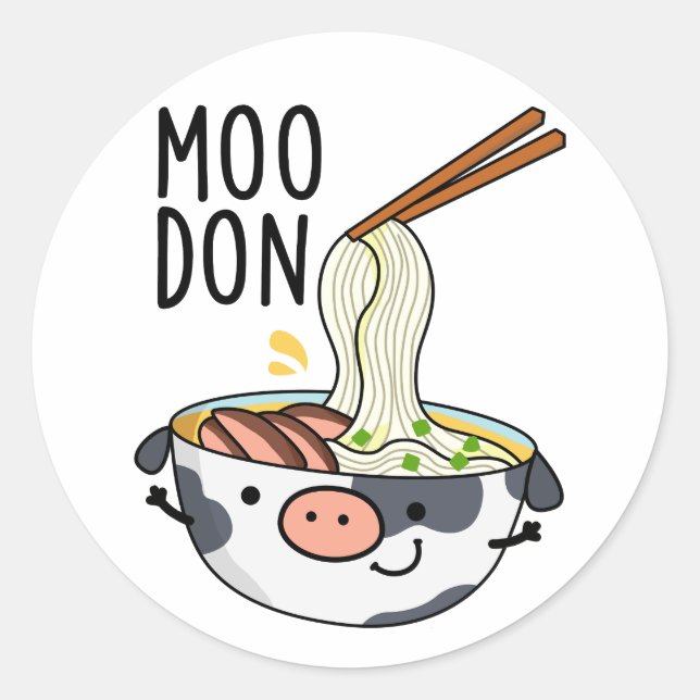 Pegatina Redonda Moo-don Funny Udon Pun (Anverso)
