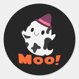 Pegatina Redonda ¡Moo! Famosas Chicas de Halloween Fantasma de Vaca