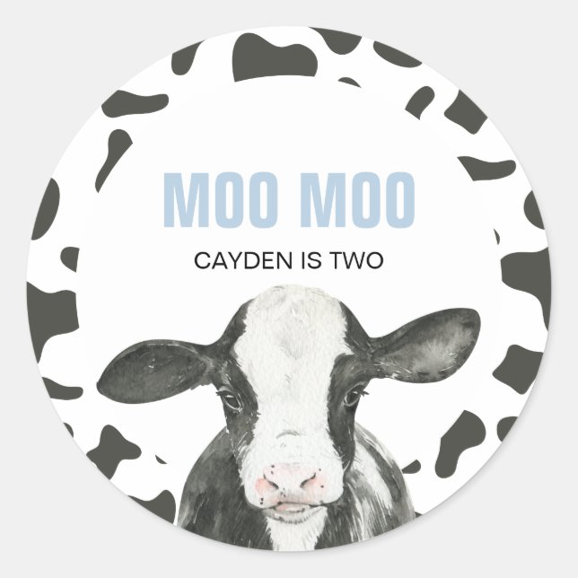 Pegatina Redonda MOO MOO I'm TWO Cow Print 2nd birthday (Anverso)