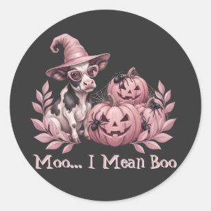 Pegatina Redonda Moo Quiero Decir Boo Bruja Vaca Calabazas Rosadas