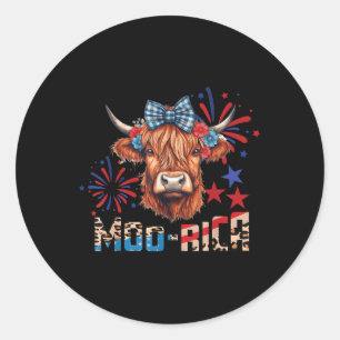 Pegatina Redonda Moo-rica Highland Cow 4 De Julio Memorial Day