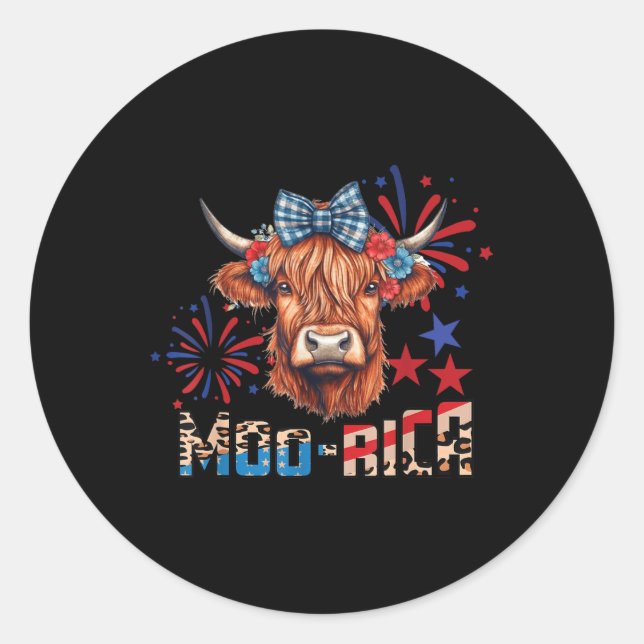 Pegatina Redonda Moo-rica Highland Cow 4 De Julio Memorial Day (Anverso)
