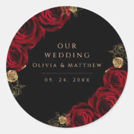 Pegatina Redonda Moody Black Burgundy Roses Wedding 