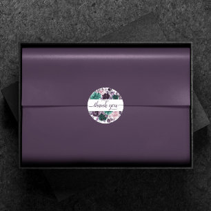 Pegatina Redonda Moody Boho Plomo de berenjena Morado Floral Grac