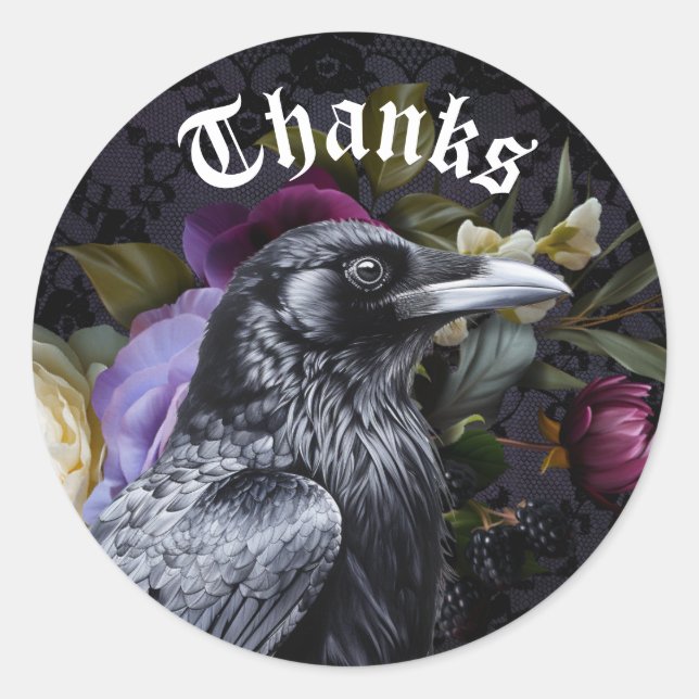 Pegatina Redonda Moody Elegant Purple | Bouquet floral con raven (Anverso)