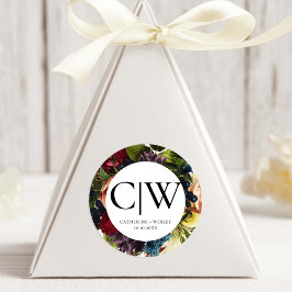 Pegatina Redonda Moody Floral Borgoña Boda Monograma