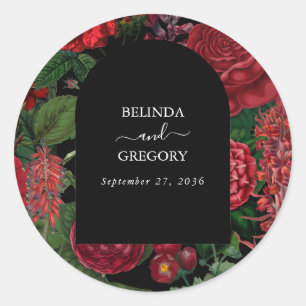Pegatina Redonda Moody Florals Black Arch Burgundy Boda rojo