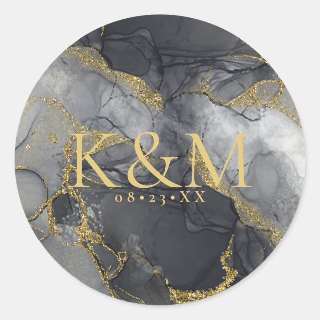 Pegatina Redonda Moody Ink Charcoal Gold Abstract ID988 (Anverso)