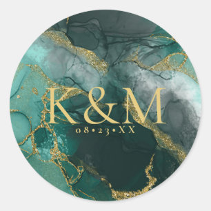 Pegatina Redonda Moody Ink Emerald Gold Abstract ID988