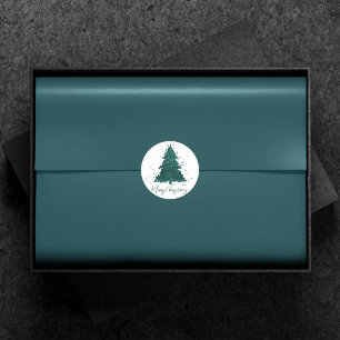Pegatina Redonda Moody Merry Christmas   Árbol Verde azulado profun