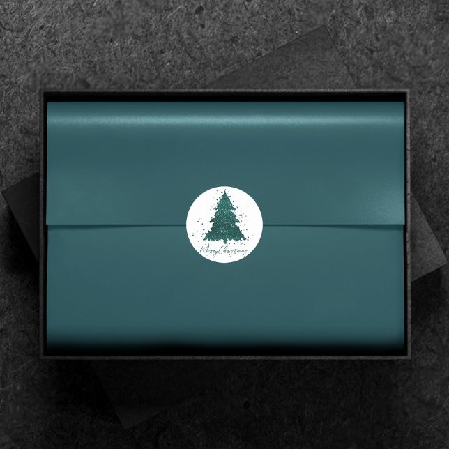Pegatina Redonda Moody Merry Christmas | Árbol Verde azulado profun (Subido por el creador)