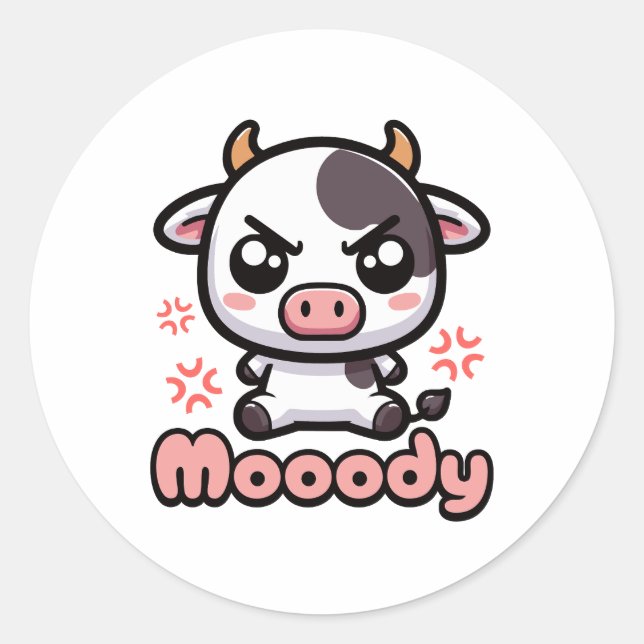Pegatina Redonda ¡Moody! Personalizado de Cute Angry Cow Pun (Anverso)
