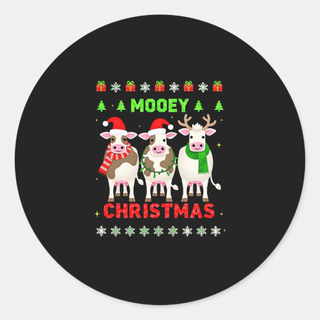 Pegatina Redonda Mooey Christmas Cow Christmas Ugly Sweater Pajama  (Anverso)