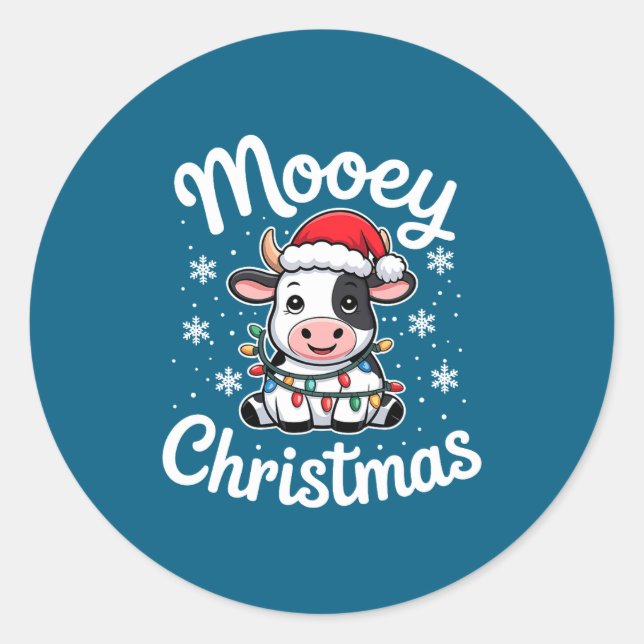 Pegatina Redonda Mooey Christmas Cute Cow With Santa Hat And Holida (Anverso)
