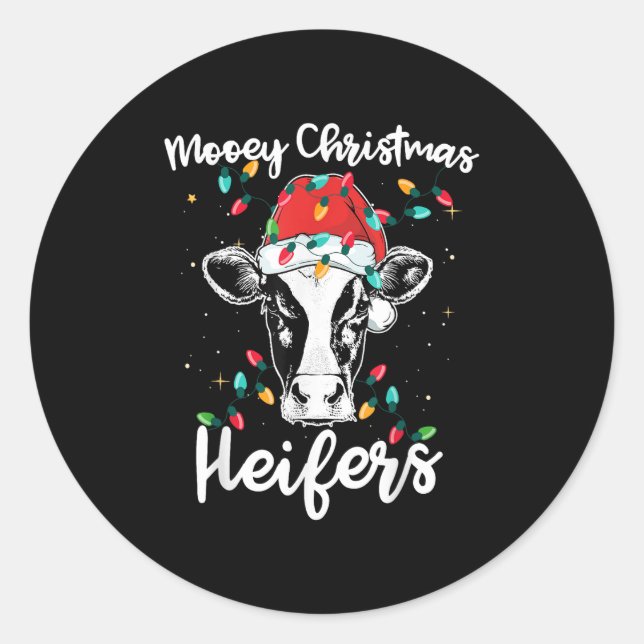 Pegatina Redonda Mooey Christmas Heifers Santa Xmas Lights Cow Love (Anverso)