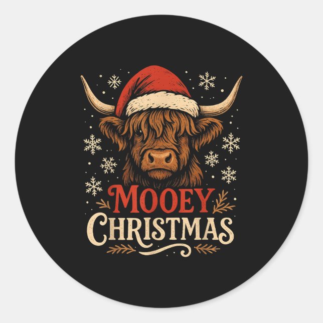 Pegatina Redonda Mooey Christmas Highland Cow Funny Santa Hat Desig (Anverso)