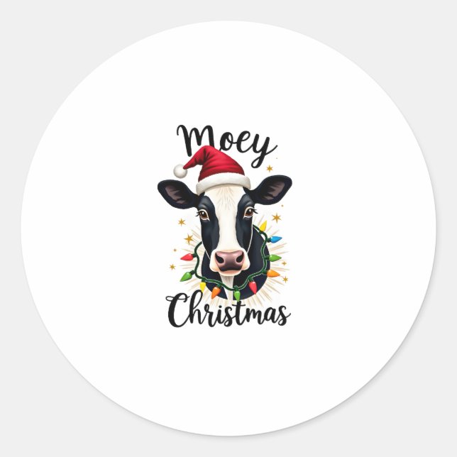 Pegatina Redonda Mooey Christmas Santa Christmas Lights Cow Lovers  (Anverso)
