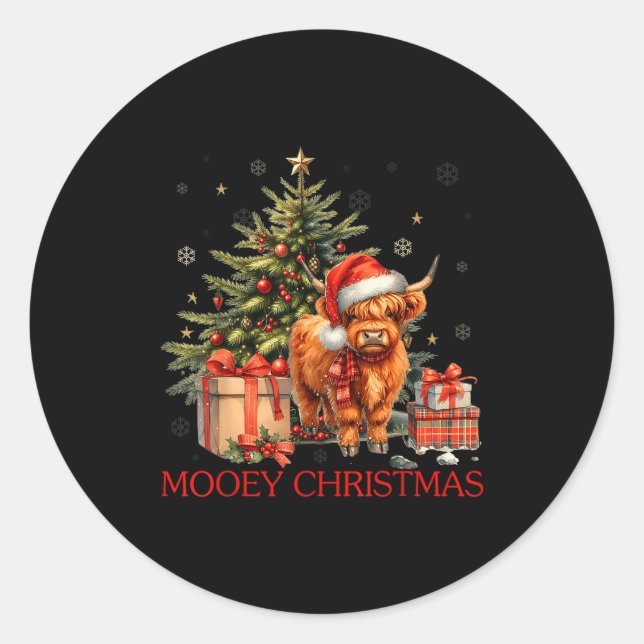Pegatina Redonda Mooey Christmas Santa Highland Cow Santa Xmas Tree (Anverso)