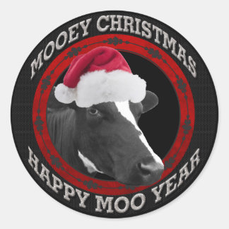 Pegatina Redonda Mooey Navidades Feliz Año Moo Santa Hat Vaca