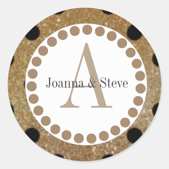 Pegatina Redonda Moograma de oro y de polka negro. (Anverso)