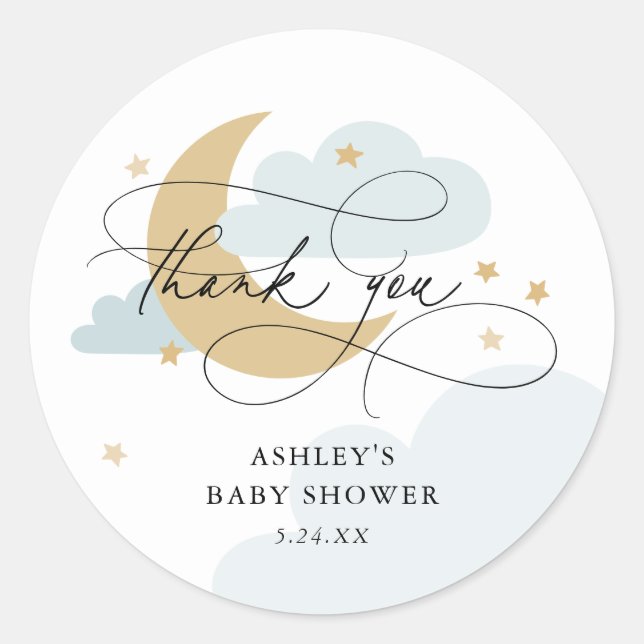 Pegatina Redonda Moon and Stars Blue Script Baby Shower Gracias C (Anverso)