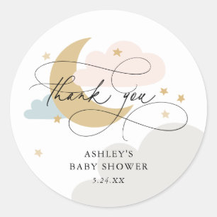 Pegatina Redonda Moon and Stars Multi Script Baby Shower Gracias