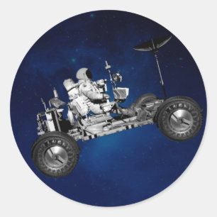 Pegatina Redonda Moon Buggy Road Trip Space Travel Time Machine 70s