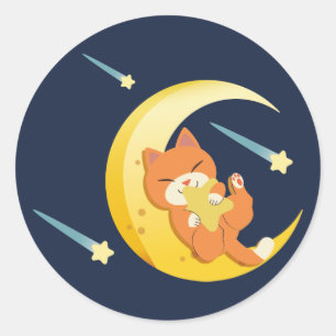 Pegatina Redonda Moon Galaxy Guay Naranja Cat Stars Space