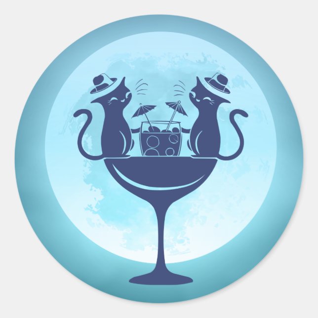 Pegatina Redonda Moon Have Cocktails Fiestas Gatos (Anverso)