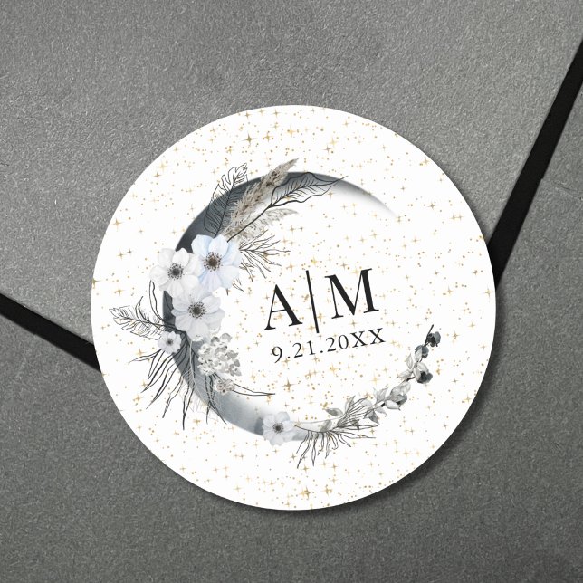 Pegatina Redonda Moon Stars Boda Celestial (Moon Stars Celestial Wedding Classic Round Sticker)