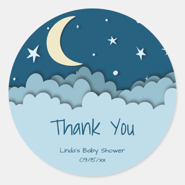 Pegatina Redonda Moon & Stars Dark Blue Gracias Baby Shower (Anverso)