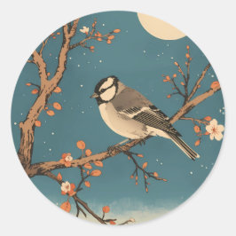 Pegatina Redonda Moonlit Bird on Blossom Branch Stickers