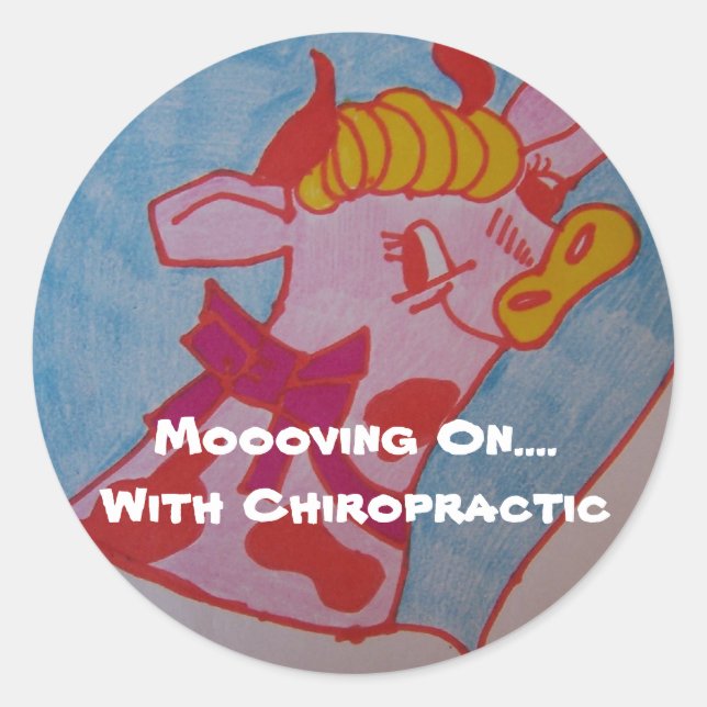 Pegatina Redonda Moooving en….Con quiropráctica (Anverso)