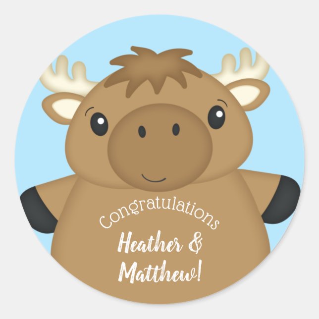 Pegatina Redonda Moose Baby Shower Blue (Anverso)