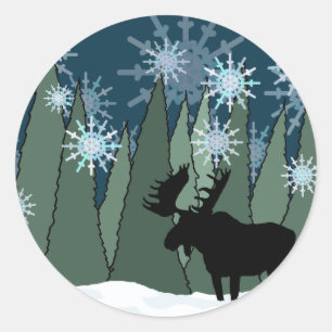 Pegatina Redonda Moose en el bosque de nieve