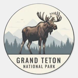 Pegatina Redonda Moose en el Parque Nacional del Gran Tetón