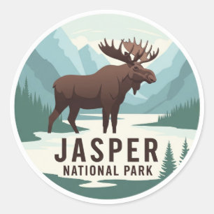 Pegatina Redonda Moose en Jasper National Park Canada Travel (Viaje