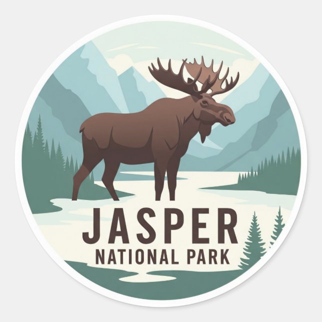 Pegatina Redonda Moose en Jasper National Park Canada Travel (Viaje (Anverso)