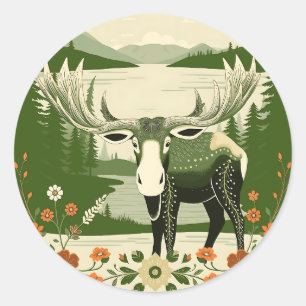 Pegatina Redonda Moose nórdico con patrones florales