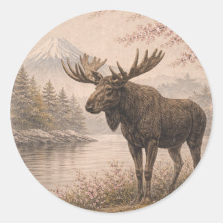 Pegatina Redonda Moose Sticker, Japanese Landscape Wildlife Art, 