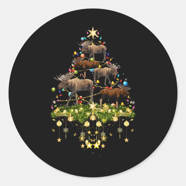Pegatina Redonda Mooses de árbol de Navidad alumbran Navidad en Moo (Anverso)