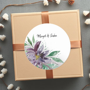 Pegatina Redonda Morado Abstract Lotus Watercolor