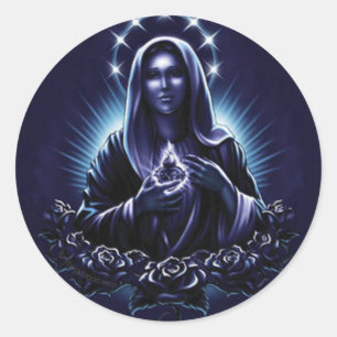 Pegatina Redonda Morado Bendita Virgen María y Rosas