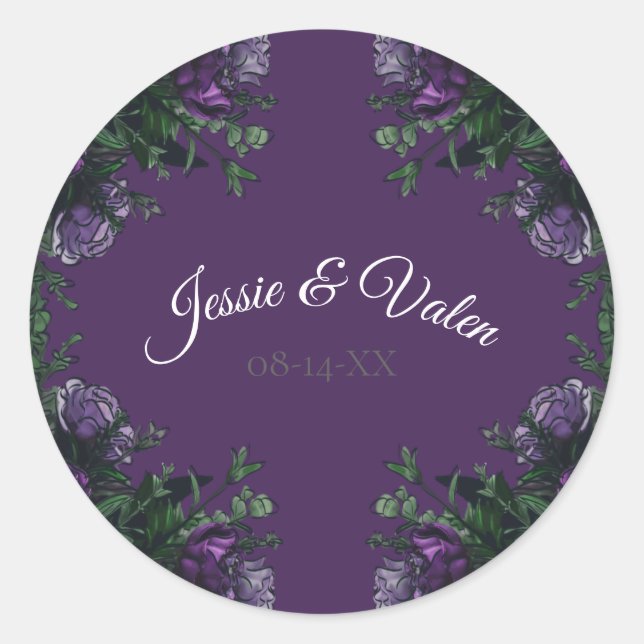 Pegatina Redonda Morado Floral Elegante Boda Gótica (Anverso)