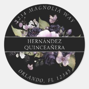 Pegatina Redonda Morado gótico y Moody Florals Quinceañera