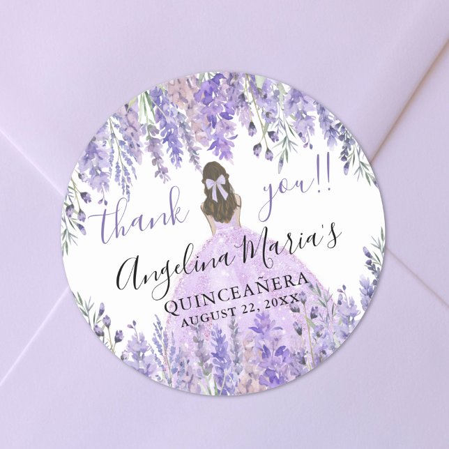 Pegatina Redonda Morado Gracias Floral Quinceanera (Purple Thank You Floral Quinceanera Classic Round Sticker)